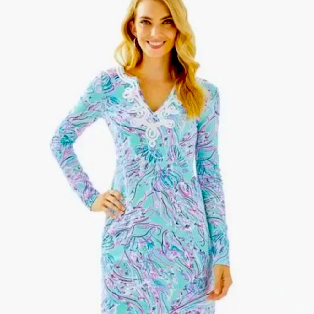 Lilly Pulitzer Long Sleeve Harper Shift Dress Bayside Blue Under The Moon Medium